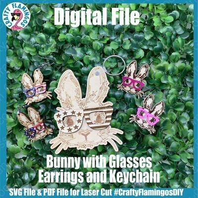 Bunny with Sunglasses Patriotic Earrings & Keychain - SVG Glowforge Cut File Digital Download PDF
