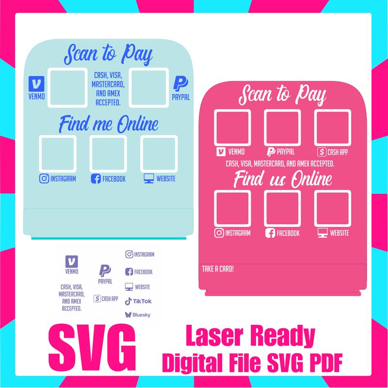 Scan to Pay Sign and Business Card Holder - 2 styles - SVG Glowforge Cut File Digital Download PDF