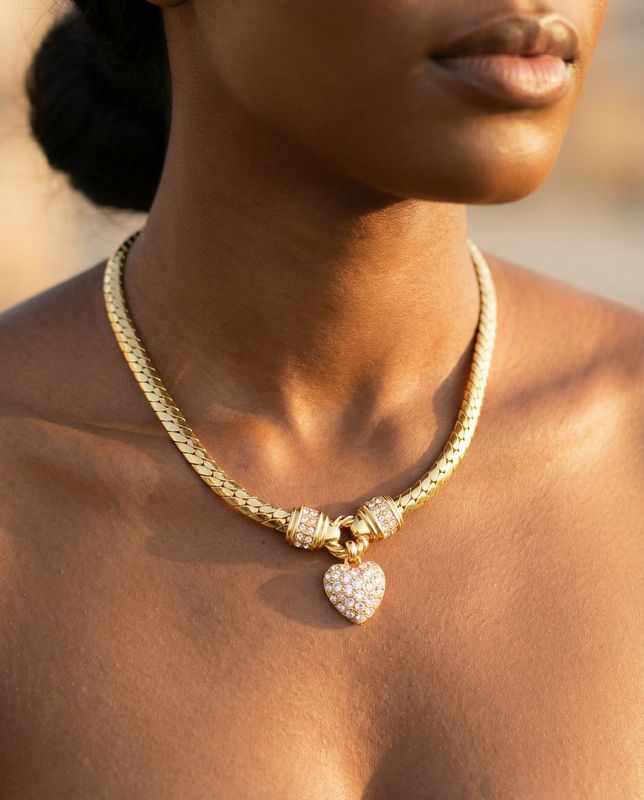 Swarovski Heart Collar Necklace Rhinestone Crystal Gold Chain