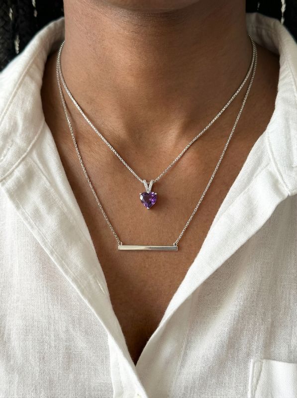 Purple Amethyst Heart Pendant Necklace with Crystal Accents, Sterling Silver Chain, February Birthstone Jewelry Gift