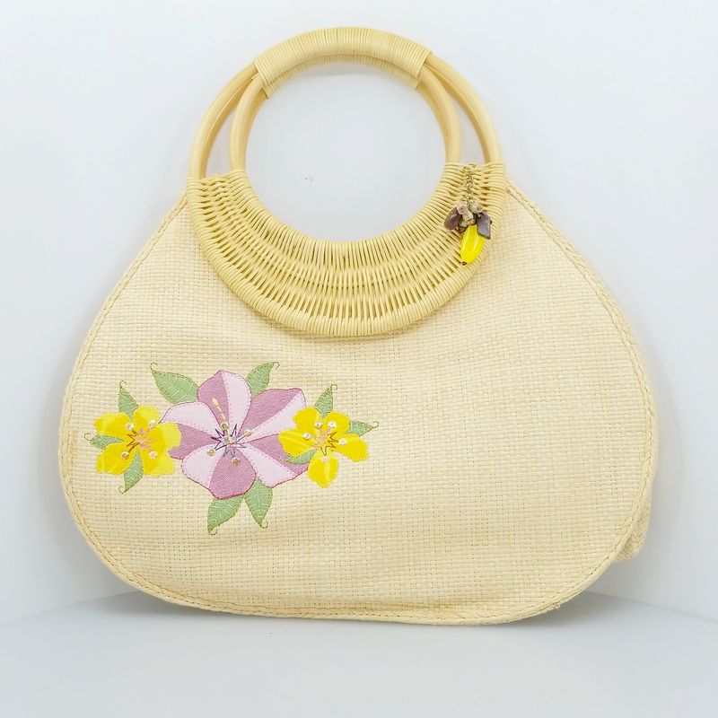 Fossil Forever Straw W/ Cane Handle And Appliqué Flowers Purse Handbag