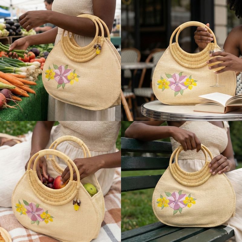 Fossil Forever Straw W/ Cane Handle And Appliqué Flowers Purse Handbag