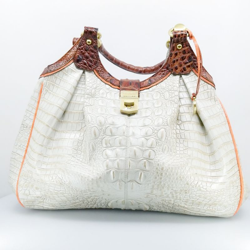 Large Crocodile Leather Brahmin Purse with Gold Accents Zippers Pockets Dividers