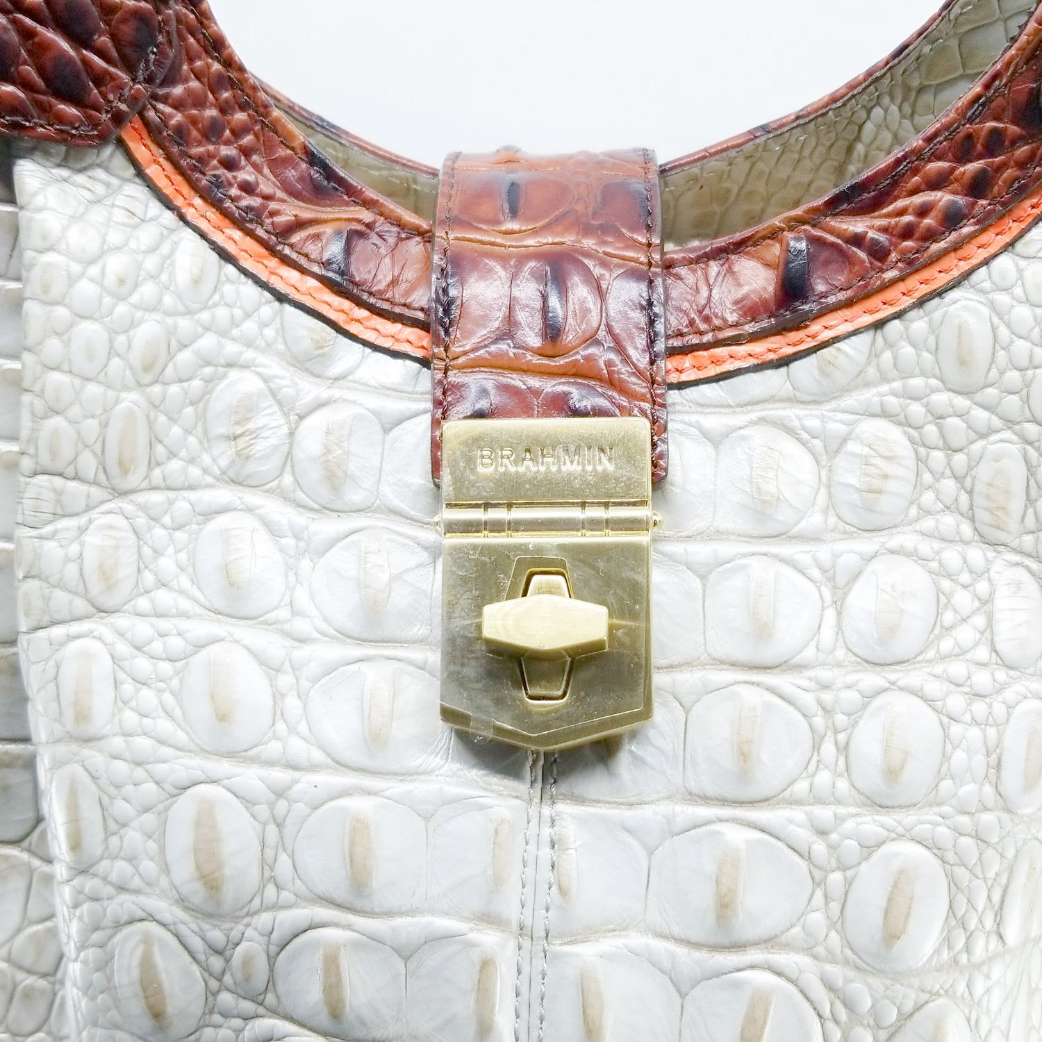 Large Crocodile Leather Brahmin Purse with Gold Accents Zippers Pockets Dividers