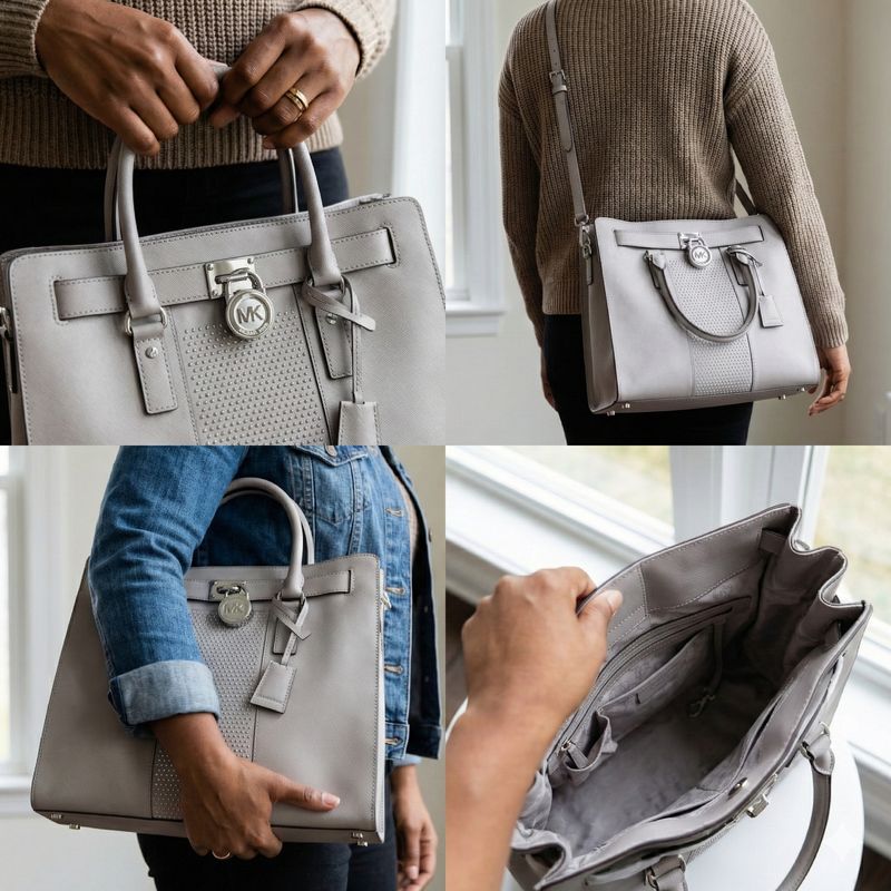 MICHAEL KORS Hamilton Large Micro Studded Leather Tote Pearl Grey