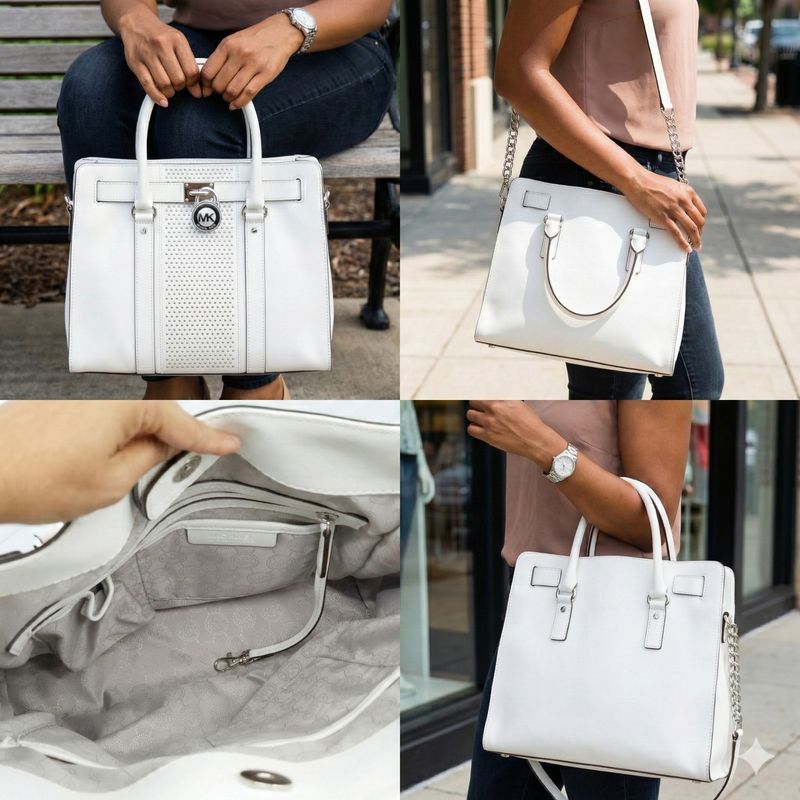 MICHAEL KORS Hamilton Large Micro Studded Leather Tote Pearl White