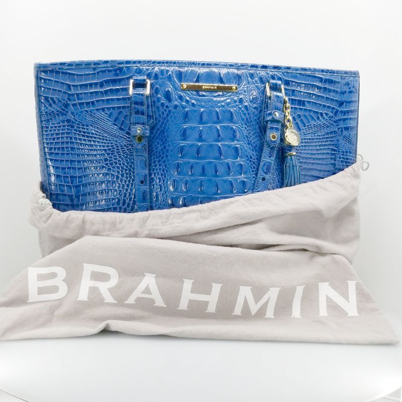 Brahmin Embossed Leather Satchel – Royal Blue Croc – Gold Hardware