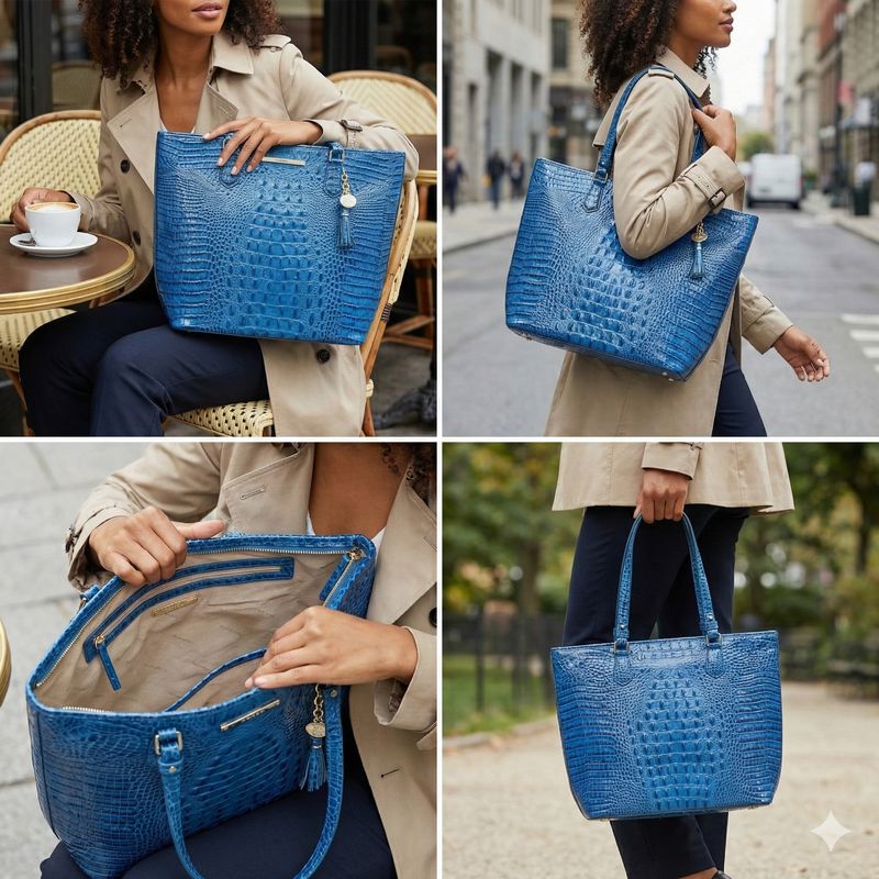 Brahmin Embossed Leather Satchel – Royal Blue Croc – Gold Hardware