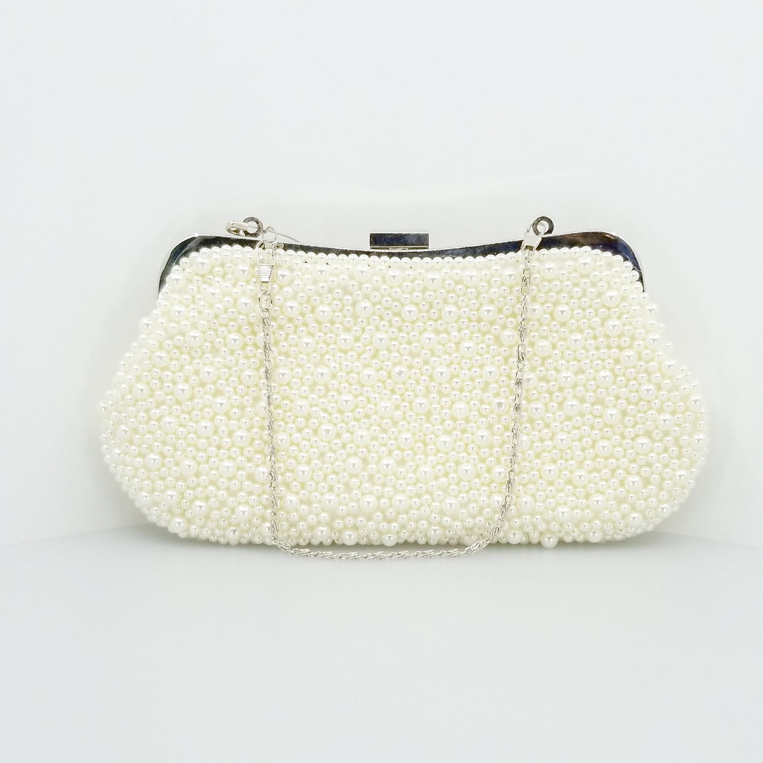 Luxury Vintage White Beaded Evening Clutch Purse with Detachable Silver Chain Bag Rhinestone Clasp Bridal Handbag for Wedding Formal Event