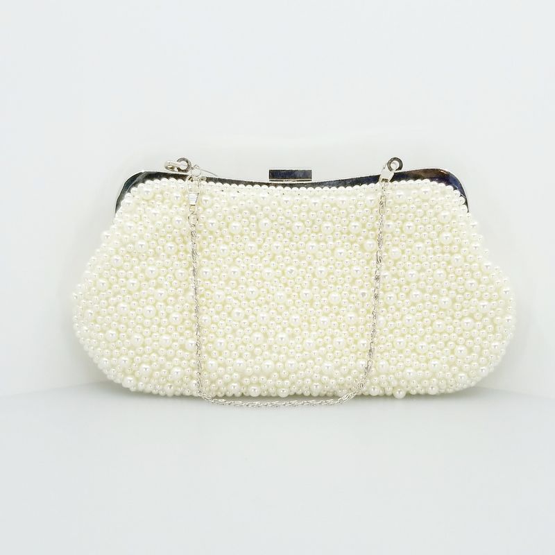 Luxury Vintage White Beaded Evening Clutch Purse with Detachable Silver Chain Bag Rhinestone Clasp Bridal Handbag for Wedding Formal Event