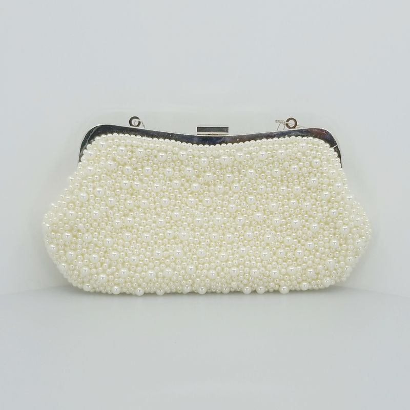 Luxury Vintage White Beaded Evening Clutch Purse with Detachable Silver Chain Bag Rhinestone Clasp Bridal Handbag for Wedding Formal Event