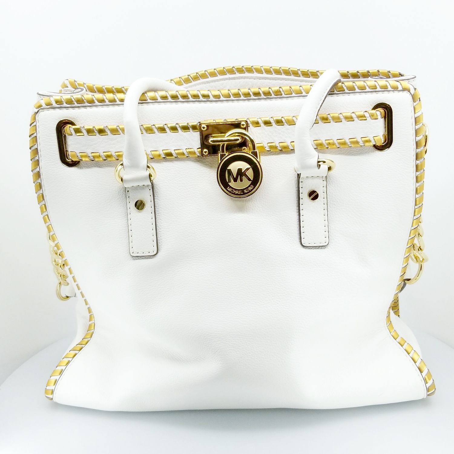 Michael Kors Whipped White Gold L Satchel Hamilton Convertible Leather Tote New