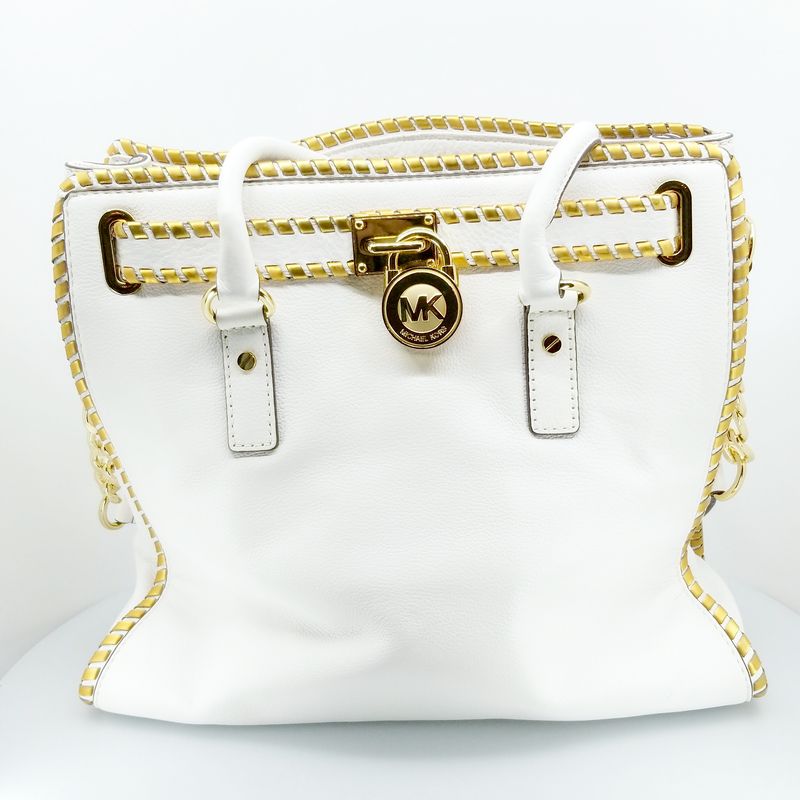 Michael Kors Whipped White Gold L Satchel Hamilton Convertible Leather Tote New