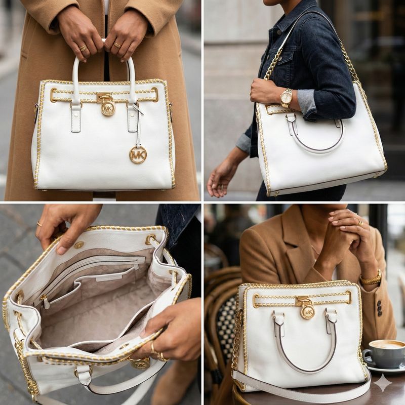 Michael Kors Whipped White Gold L Satchel Hamilton Convertible Leather Tote New