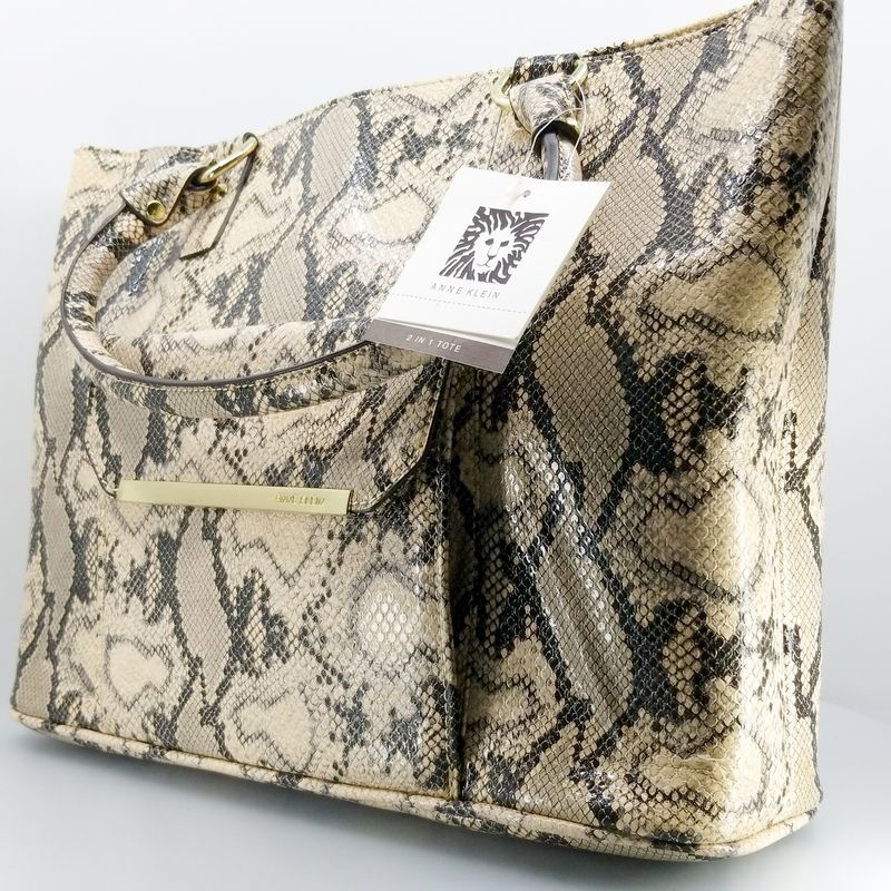 Anne Klein Light Gold/Ivory Synthetic Snake Pattern Tote Bag Purse with detachable pouch