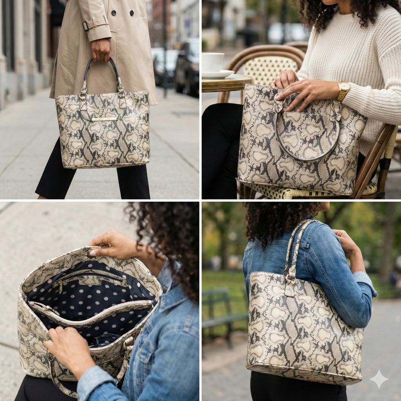 Anne Klein Light Gold/Ivory Synthetic Snake Pattern Tote Bag Purse with detachable pouch