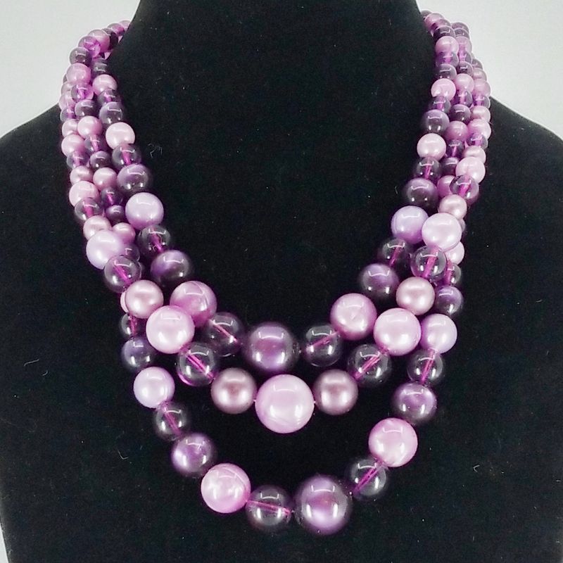 Vintage 1950s Violet &amp; Plum Lucite Bead 3 Strand Necklace