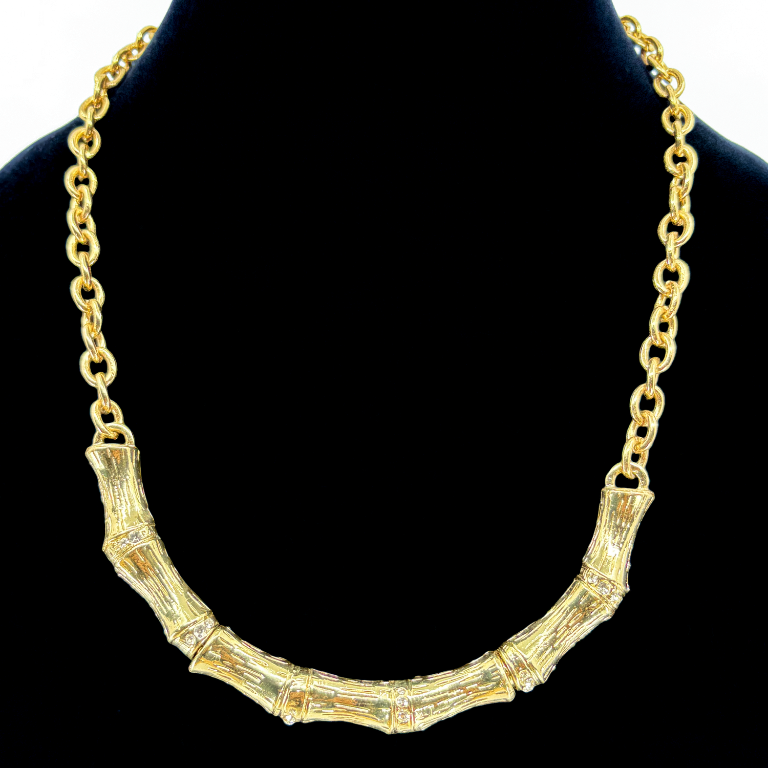 Vintage MONET Gold tone Curved Bamboo with Rhinestone accents Necklace Vintage MONET Gold tone Curved Bamboo with Rhinestone accents Necklace