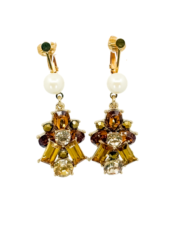 VINTAGE CORO AMBER AND CITRINE RHINESTONES with matching Pearl Drop Clip Earrings and Bracelet