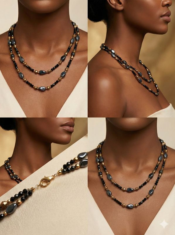 Vintage Gold, Black & Blue Beaded Statement Necklace