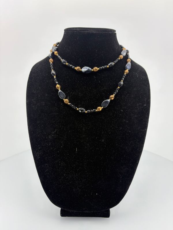 Vintage Gold, Black &amp; Blue Beaded Statement Necklace