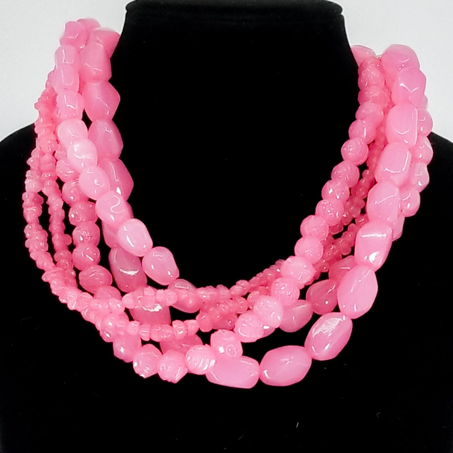 Multi‑Strand Pink Beaded Statement Necklace with earrings