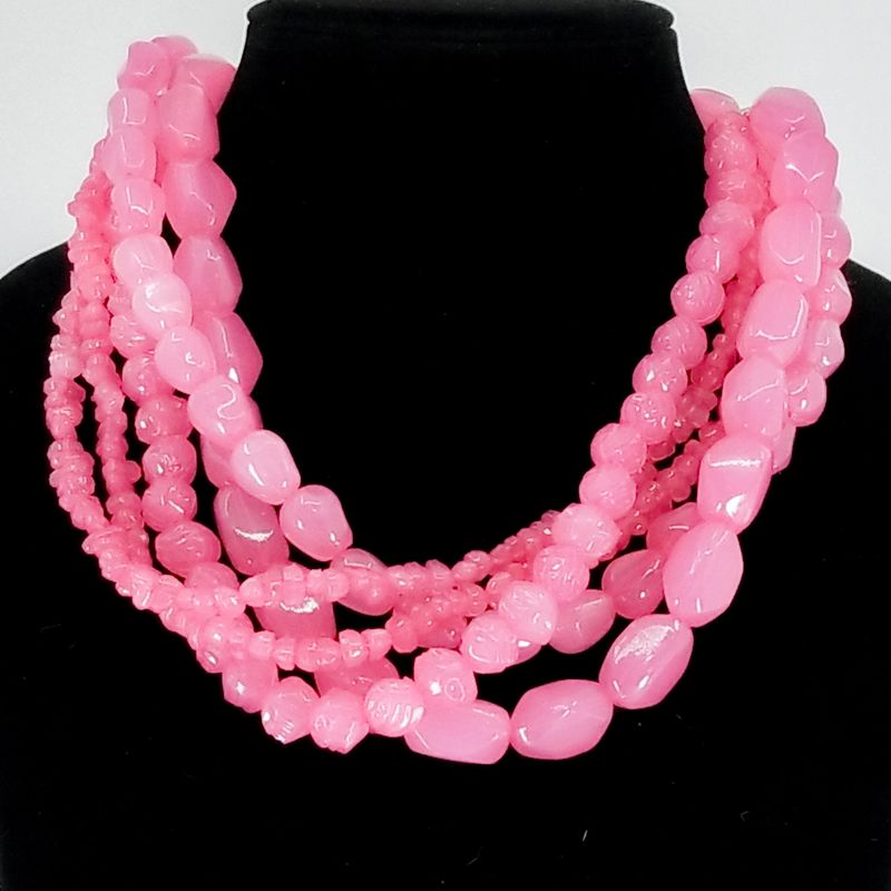 Multi‑Strand Pink Beaded Statement Necklace with earrings