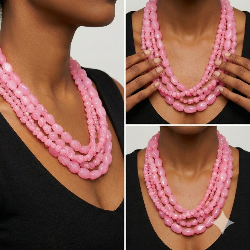 Multi‑Strand Pink Beaded Statement Necklace with earrings