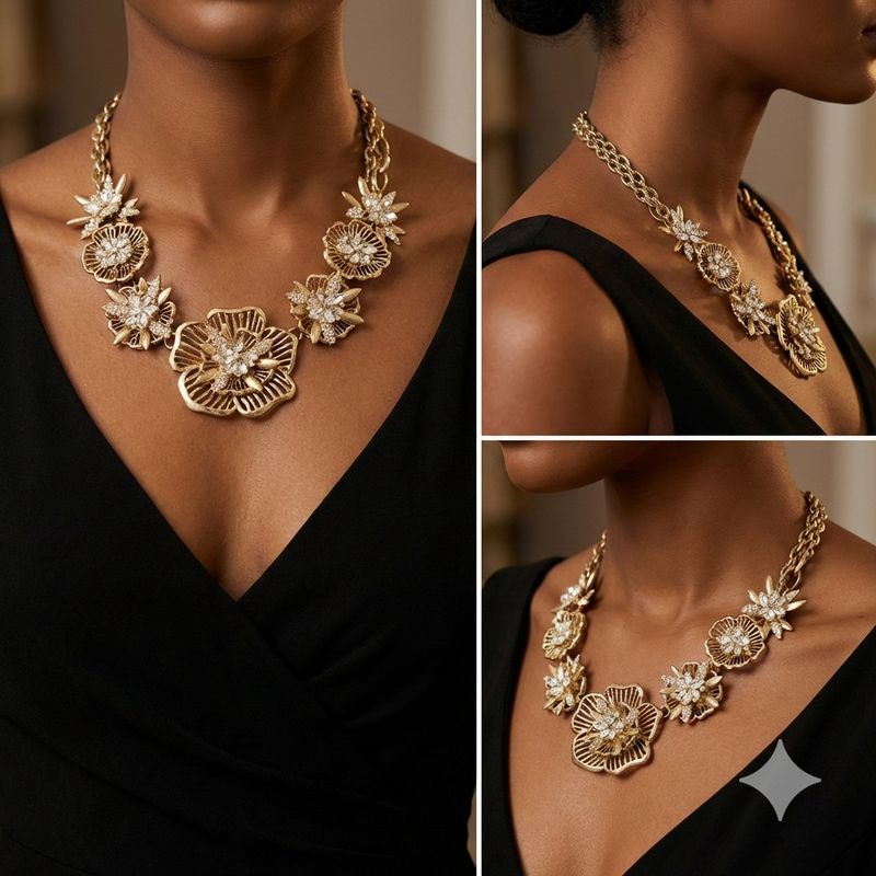 Stunning Gold‑Tone Floral Statement Necklace — Sparkling Crystal Centerpieces