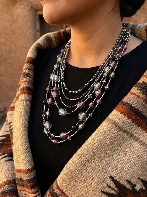Multi-Stranded Purple, Black and Green Polished Stone Necklace