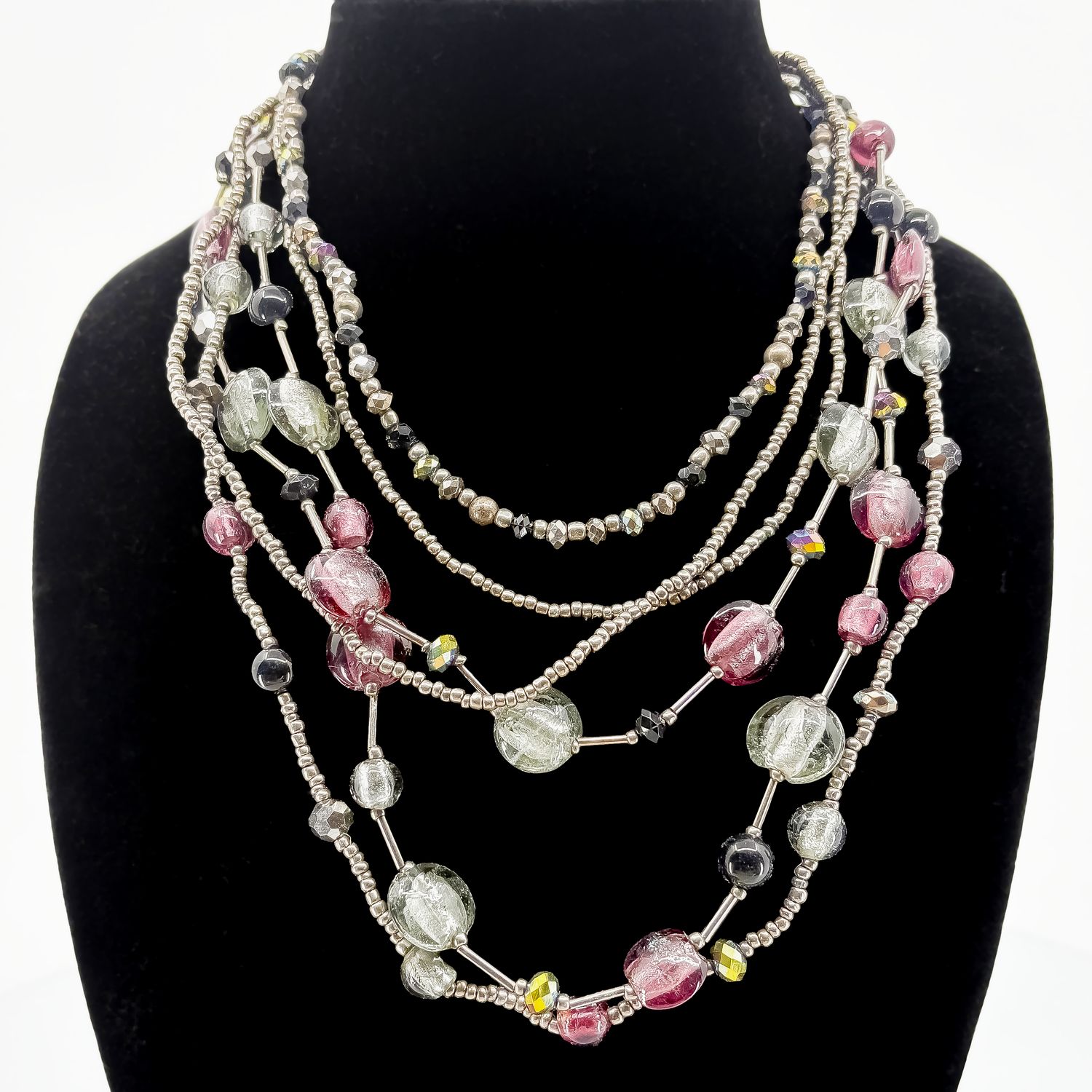 Multi-Stranded Purple, Black and Green Polished Stone Necklace