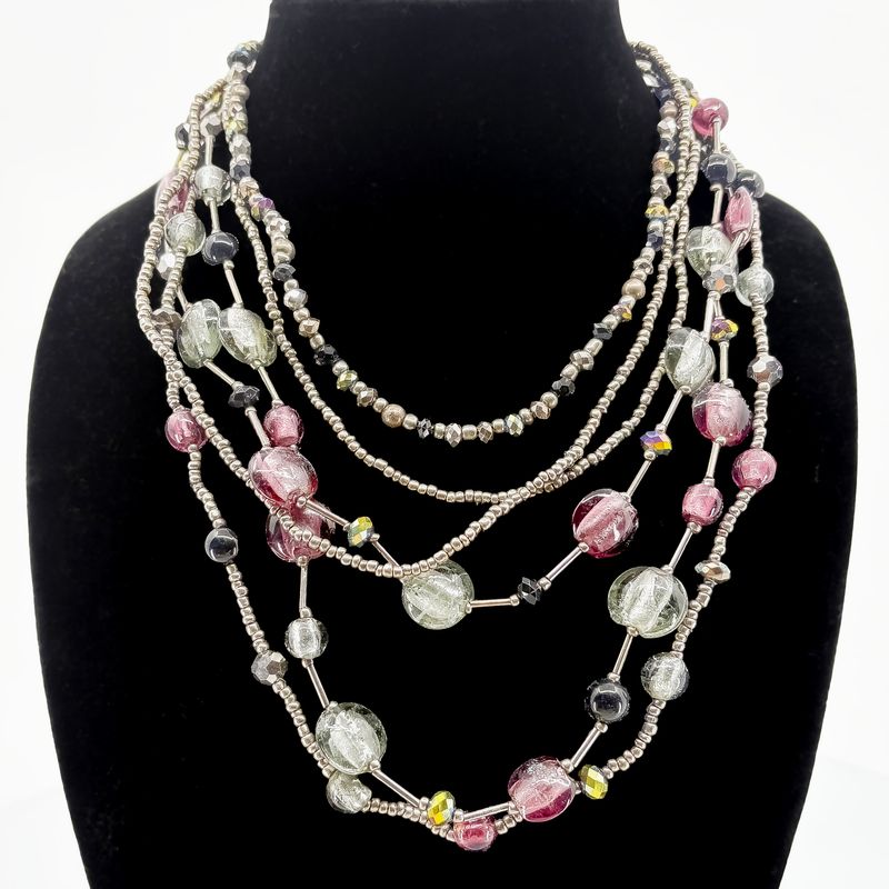 Multi-Stranded Purple, Black and Green Polished Stone Necklace