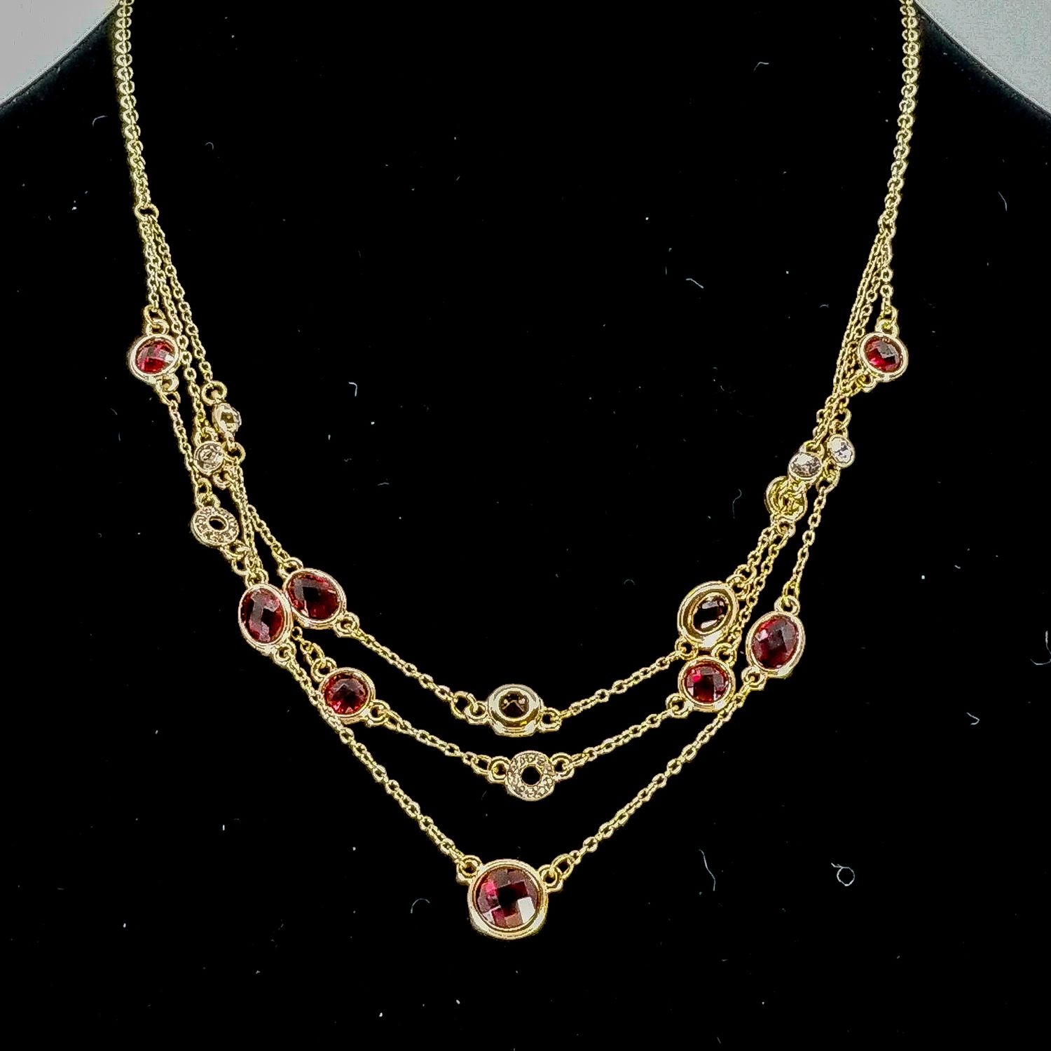Three Strand Natural Stone Colored Necklace Gold with matching earrings Three Strand Natural Stone Colored Necklace Gold with matching earrings