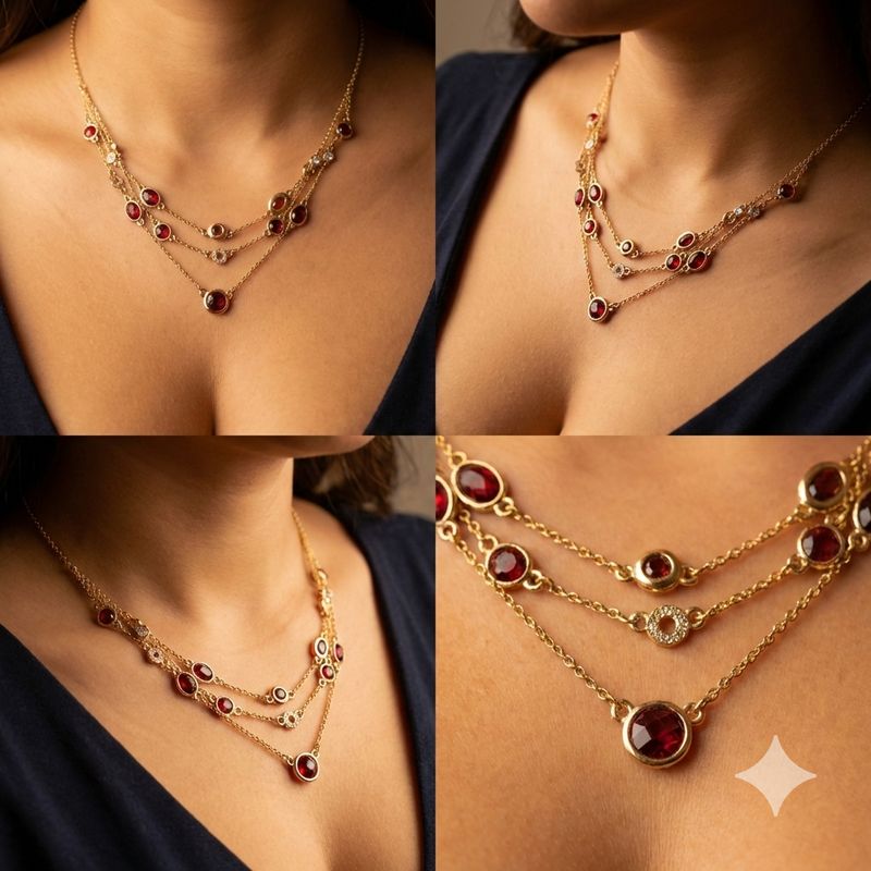 Three Strand Natural Stone Colored Necklace Gold with matching earrings