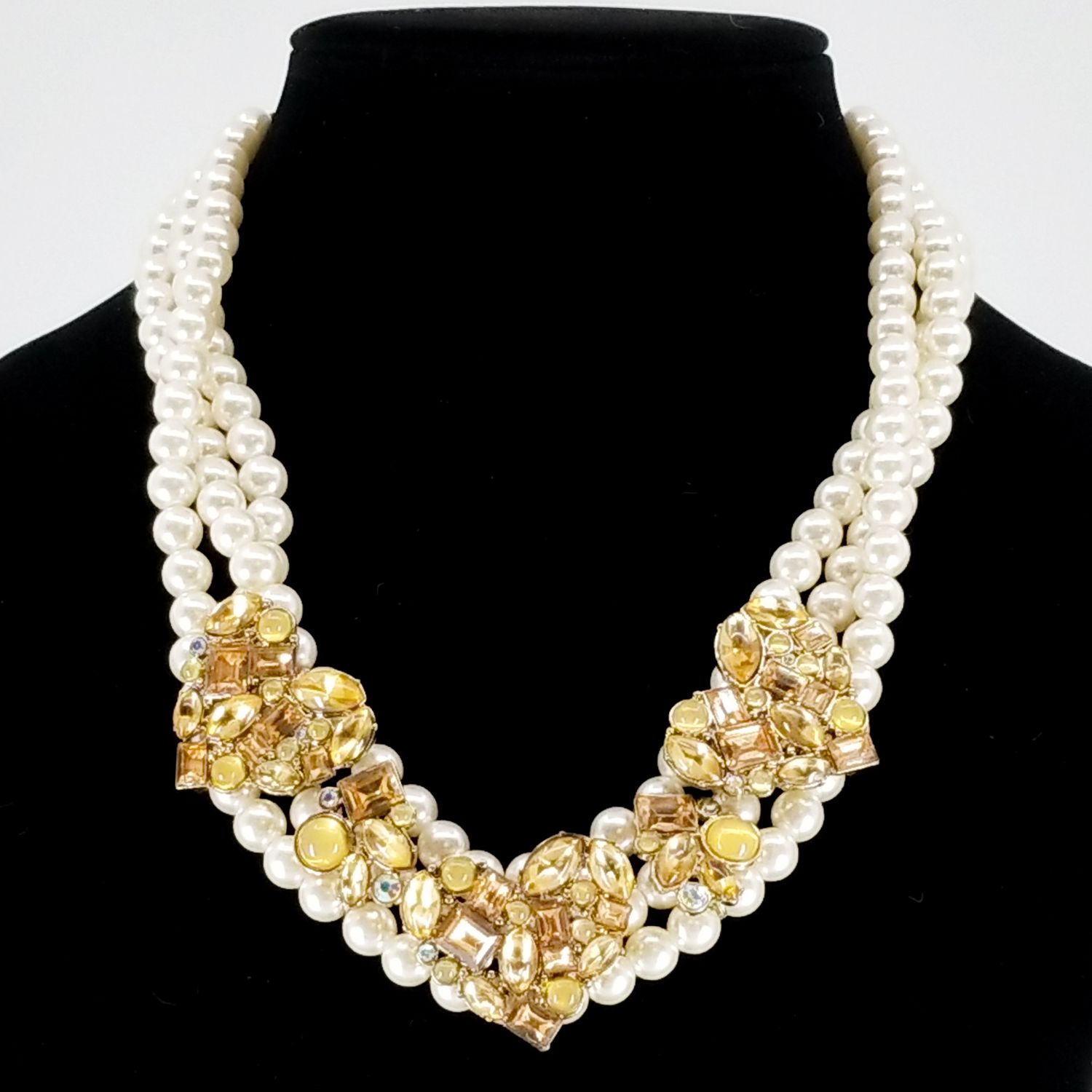 Triple‑Strand Pearl & Golden Gemstone Statement Necklace