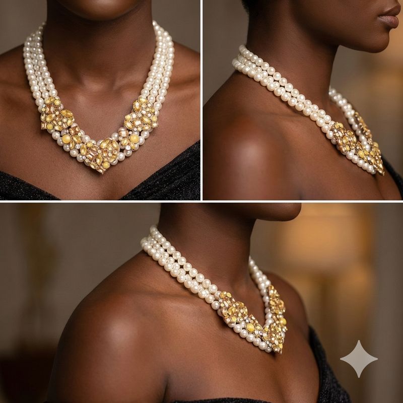 Triple‑Strand Pearl & Golden Gemstone Statement Necklace