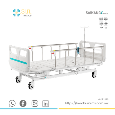 CAMA HOSPITALARIA 3 POSICIONES EN FORMA ELÉCTRICA ▸ BARANDAL TIPO CORRAL ▸ BASE DESMONTABLE ABS (INCLUYE PORTA SUERO Y COLCHÓN)