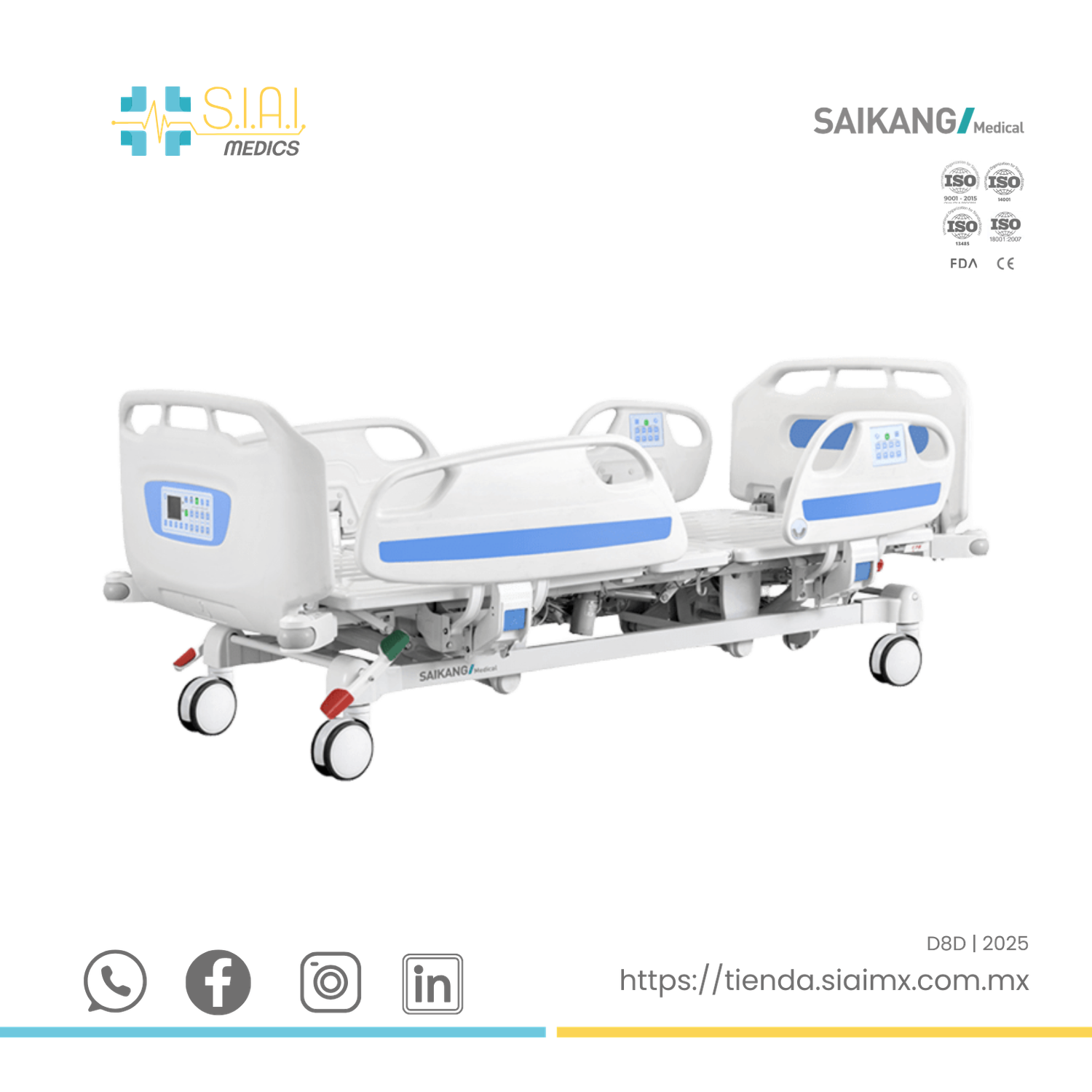 CAMA HOSPITALARIA 5 POSICIONES EN FORMA ELÉCTRICA ▸ BARANDAL COMPLETO ABS ▸ BASE DE METAL (INCLUYE PORTA SUERTO Y COLCHÓN)