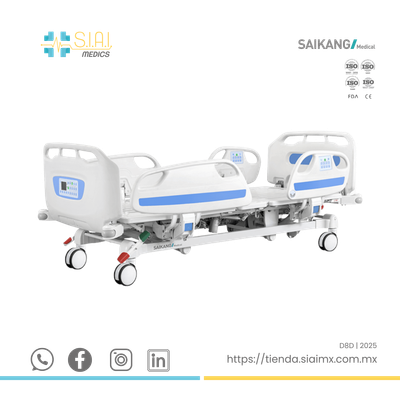CAMA HOSPITALARIA 5 POSICIONES EN FORMA ELÉCTRICA ▸ BARANDAL COMPLETO ABS ▸ BASE DE METAL (INCLUYE PORTA SUERTO Y COLCHÓN)
