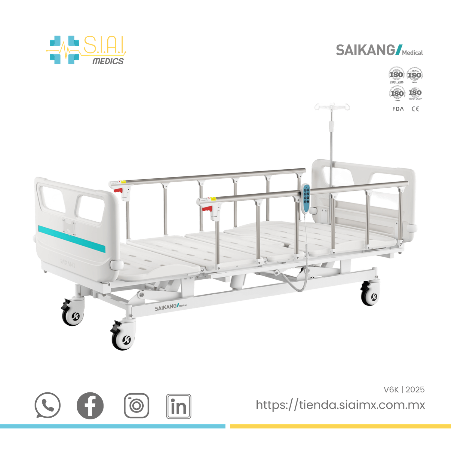 CAMA HOSPITALARIA 3 POSICIONES EN FORMA ELÉCTRICA ▸ BARANDAL TIPO CORRAL ▸ BASE DESMONTABLE ABS (INCLUYE PORTA SUERO Y COLCHÓN)
