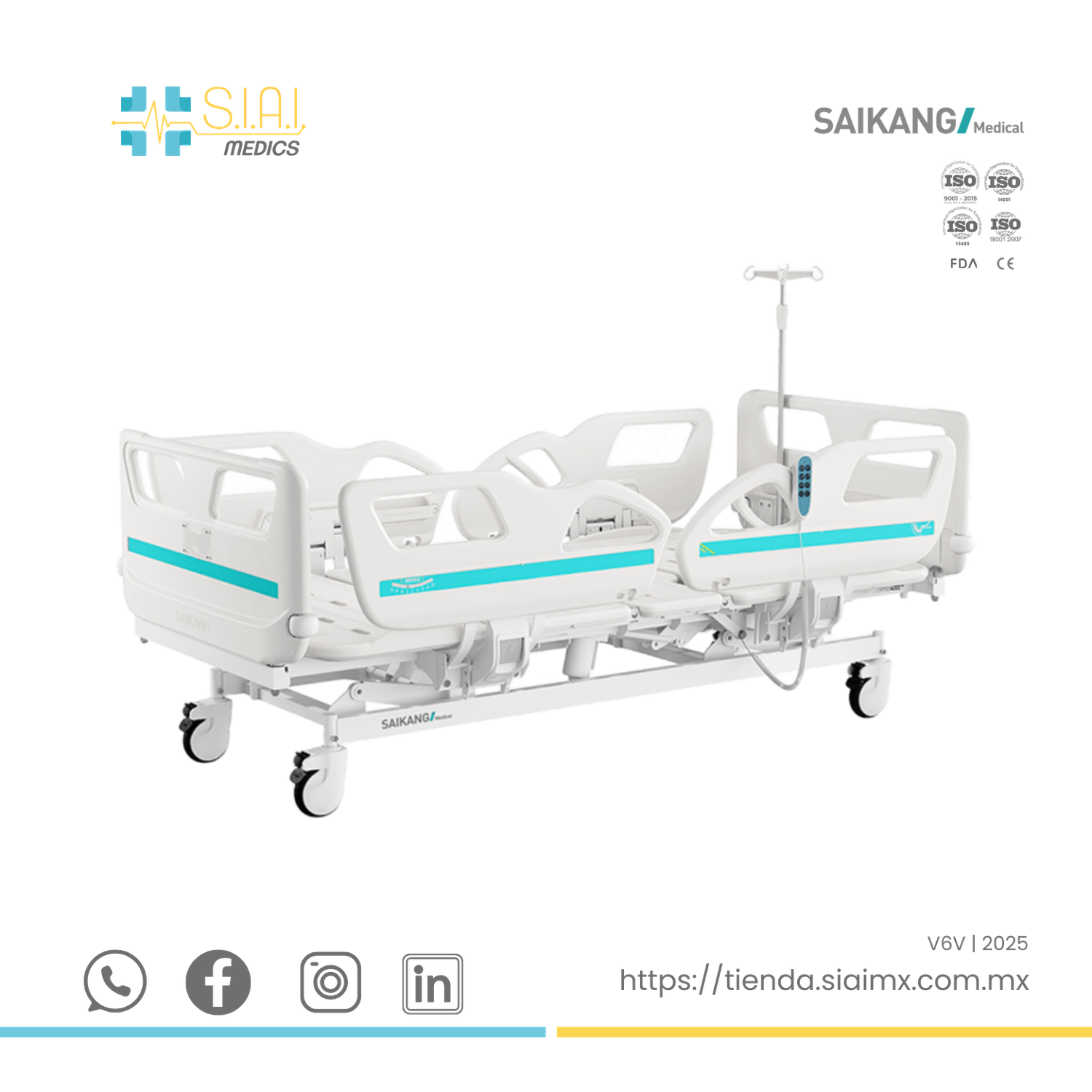 CAMA HOSPITALARIA 3 POSICIONES EN FORMA ELÉCTRICA ▸ BARANDAL COMPLETO ABS ▸ BASE DESMONTABLE ABS (INCLUYE PORTA SUERO Y COLCHÓN)