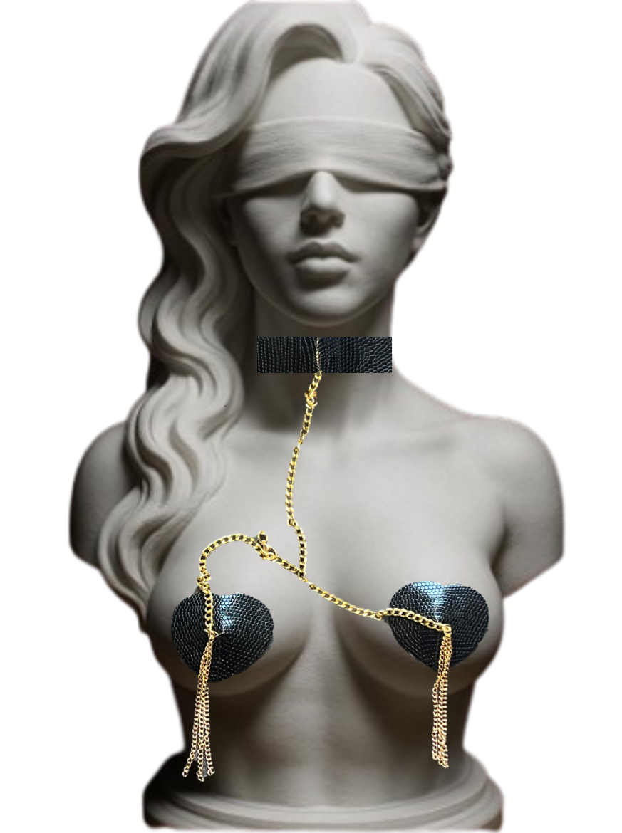 Schwarze Herz-Pasties. Mit Kettchen und Halsband verbunden