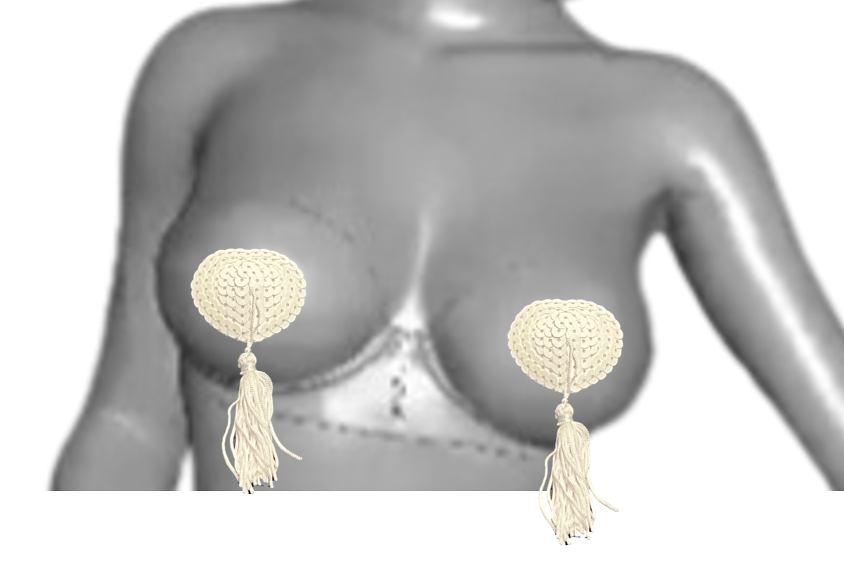 2 Weisse Pailletten-Herz-Pasties mit Burlesque-Quasten. Wiederverwendbar
