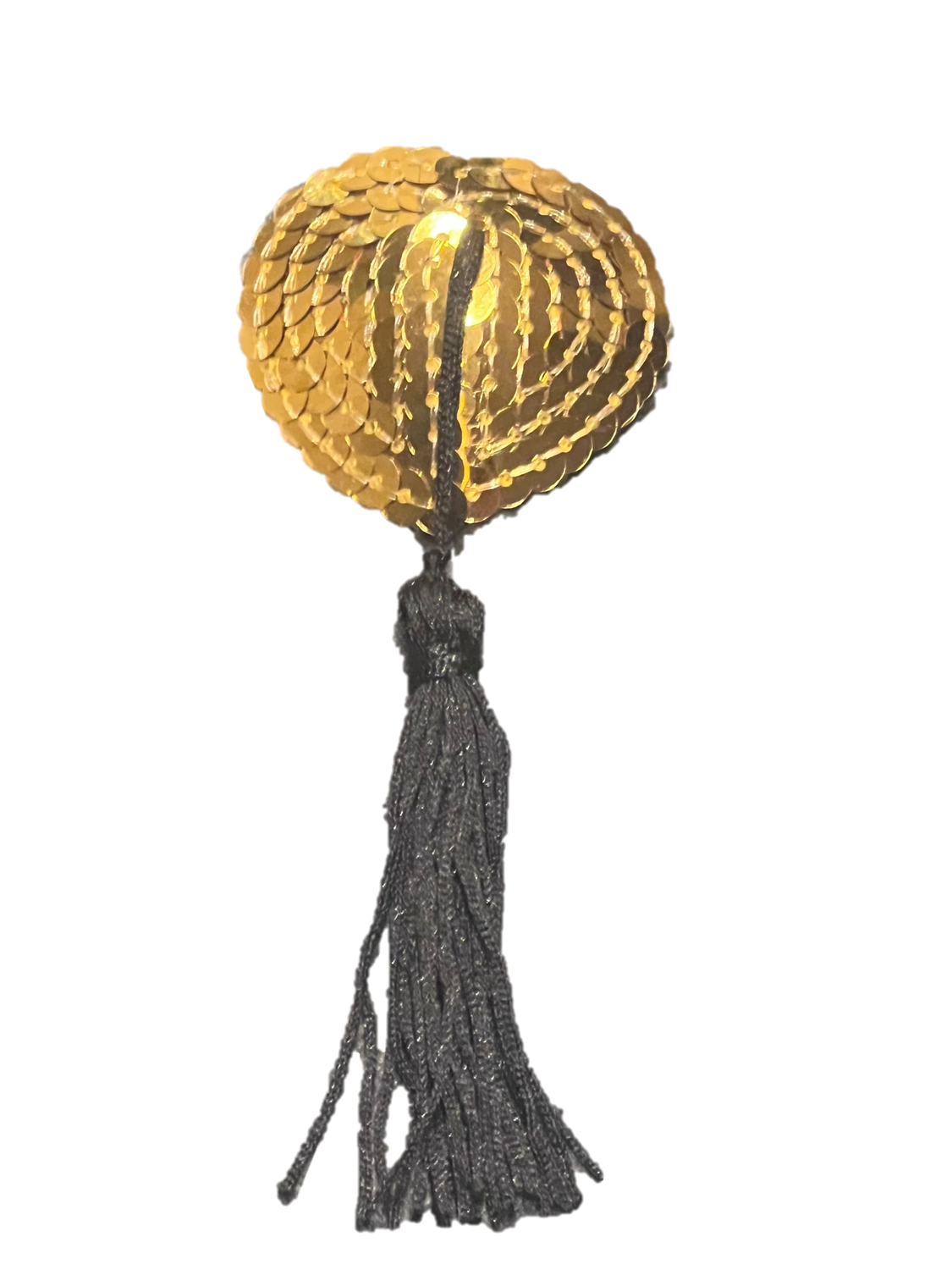 2 goldene Pailletten-Herz-Pasties mit Burlesque-Quasten. Wiederverwendbar