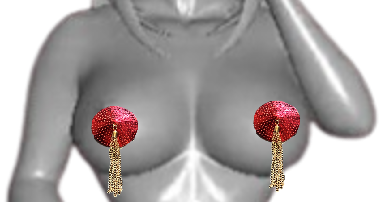 2 runde, rote Pailletten-Pasties mit Burlesque-Kette/Quaste. Wiederverwendbar