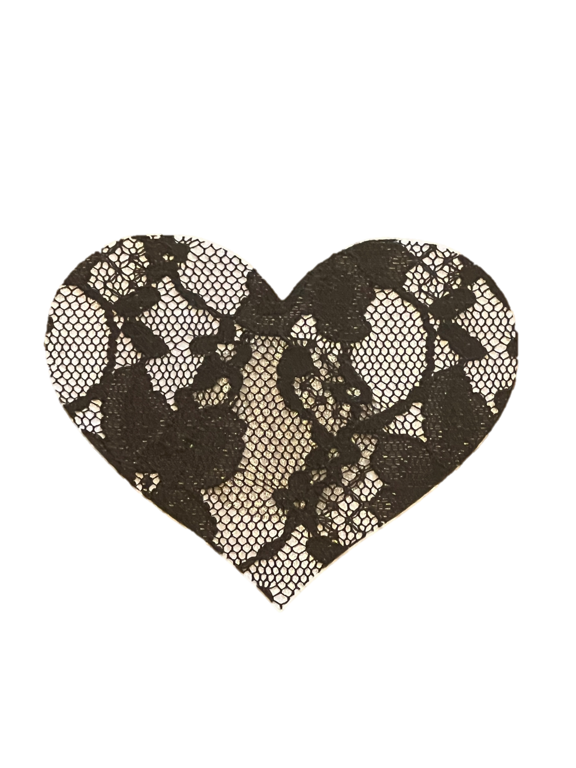 2 Herz-Pasties mit schwarzen Spitzenmuster. Nicht voll abdeckend.