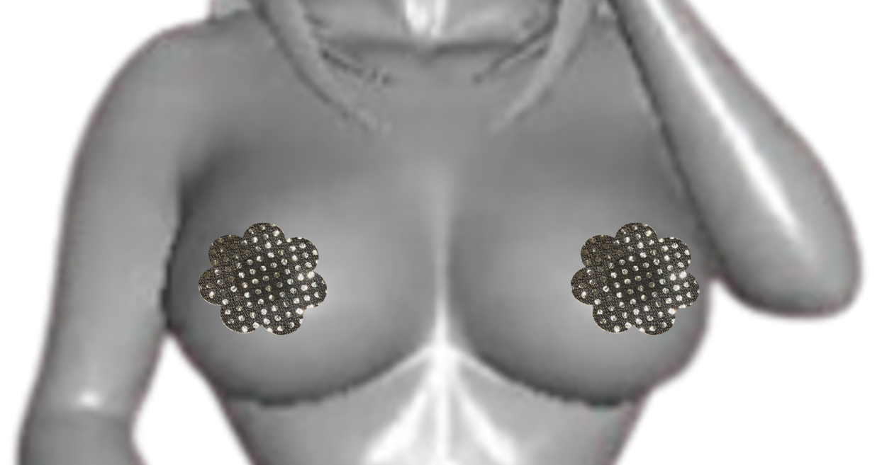 2 schwarz-silbrige Blumen-Pasties. Glänzend. 8 cm Durchmesser
