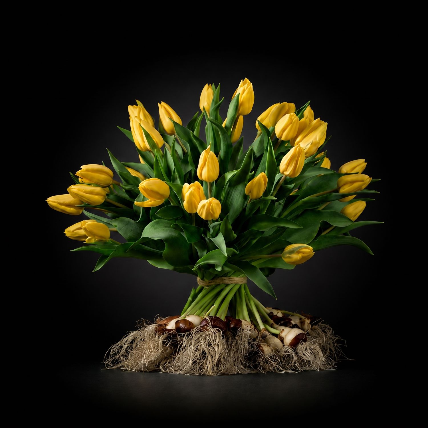 Yellow tulips with bulbs bouquet, Amount of tulips:: Groot Boeket, Add a luxurious bowl?: Geen schaal
