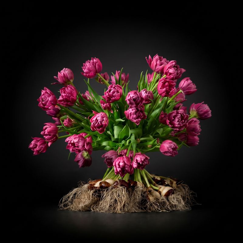 Double Pink tulips with bulbs bouquet