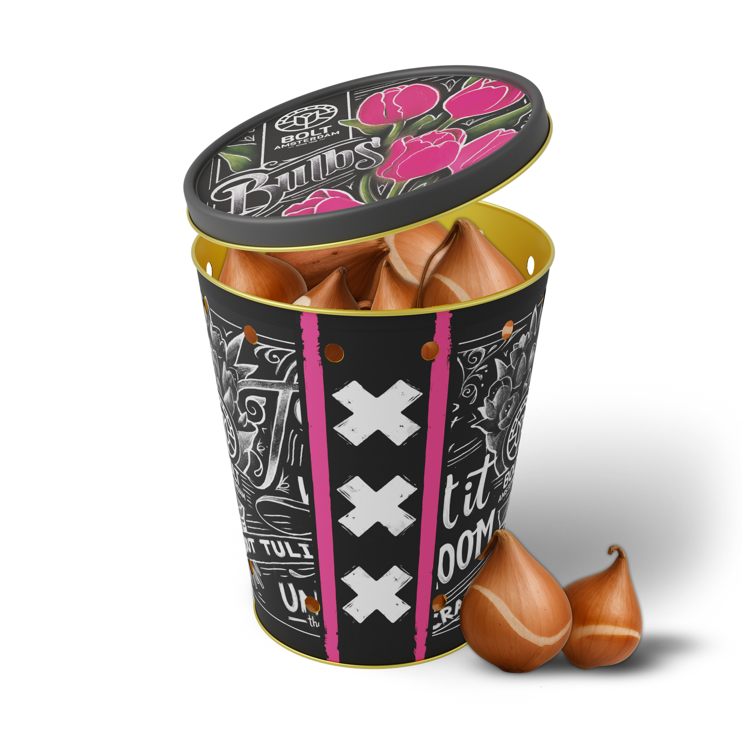 15x Rosa Tulpenzwiebeln in der „Pink Pop“-Dose von BOLT Amsterdam! Wunderschöne rosa Blumenzwiebeln direkt aus unserer eigenen Gärtnerei.